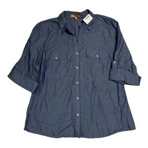 Ellen Tracy Chambray Button Up Shirt Women’s XL Blue Roll Tab 100% Cotton